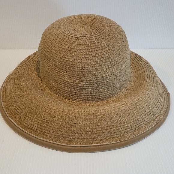 Vintage Kokin Straw Sun Hat Wide Brim Cap Beige Couture Round Crown Packable OS main image 6